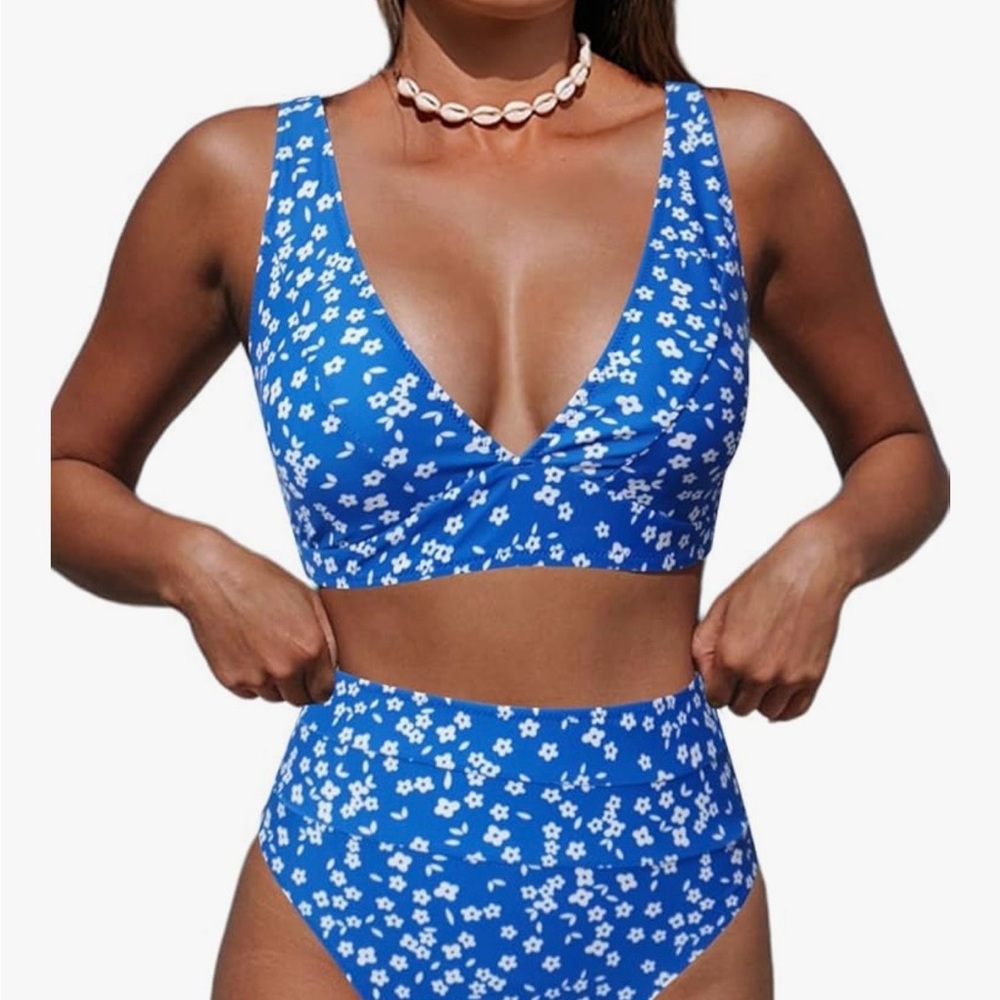 Blue Floral High-Waist Bikini Set